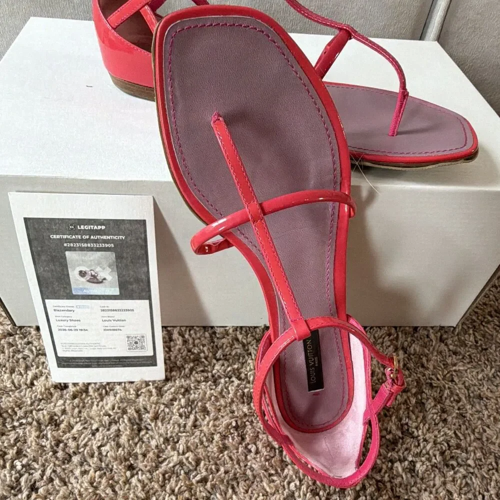 Louis Vuitton Pink Patent Leather Strappy Thong Ankle Strap Flat Sandals 37 COA